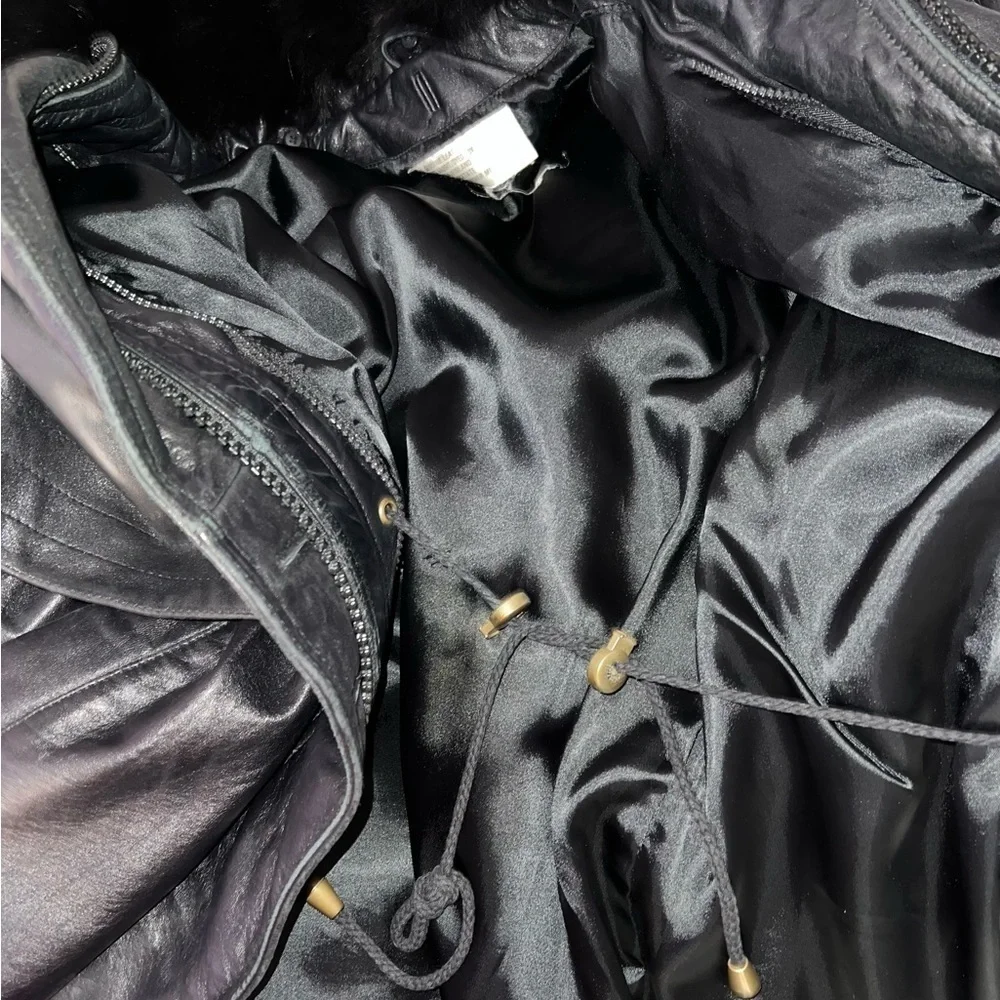 Vintage Black Leather Coat Fox Fur Trim Hood - Picture 5 of 6